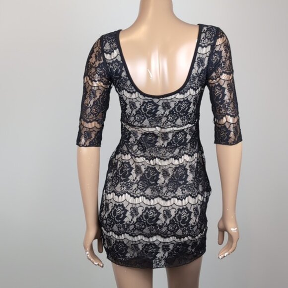 Costa Blanca Lace Illusion Dress Crop Sleeve Mini Bodycon Ballet Black White - Picture 6 of 11